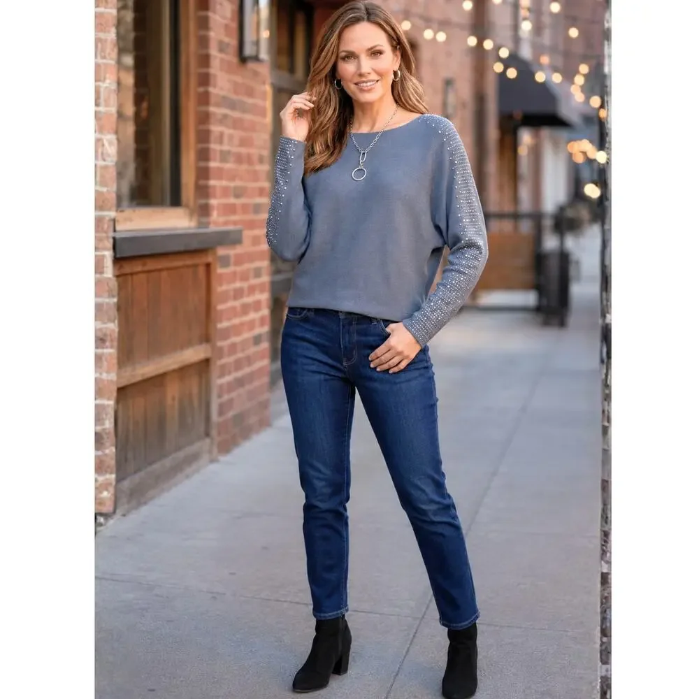 Milano Blue Dolman Sleeve Sweater with Sequins & Silver Studs, L